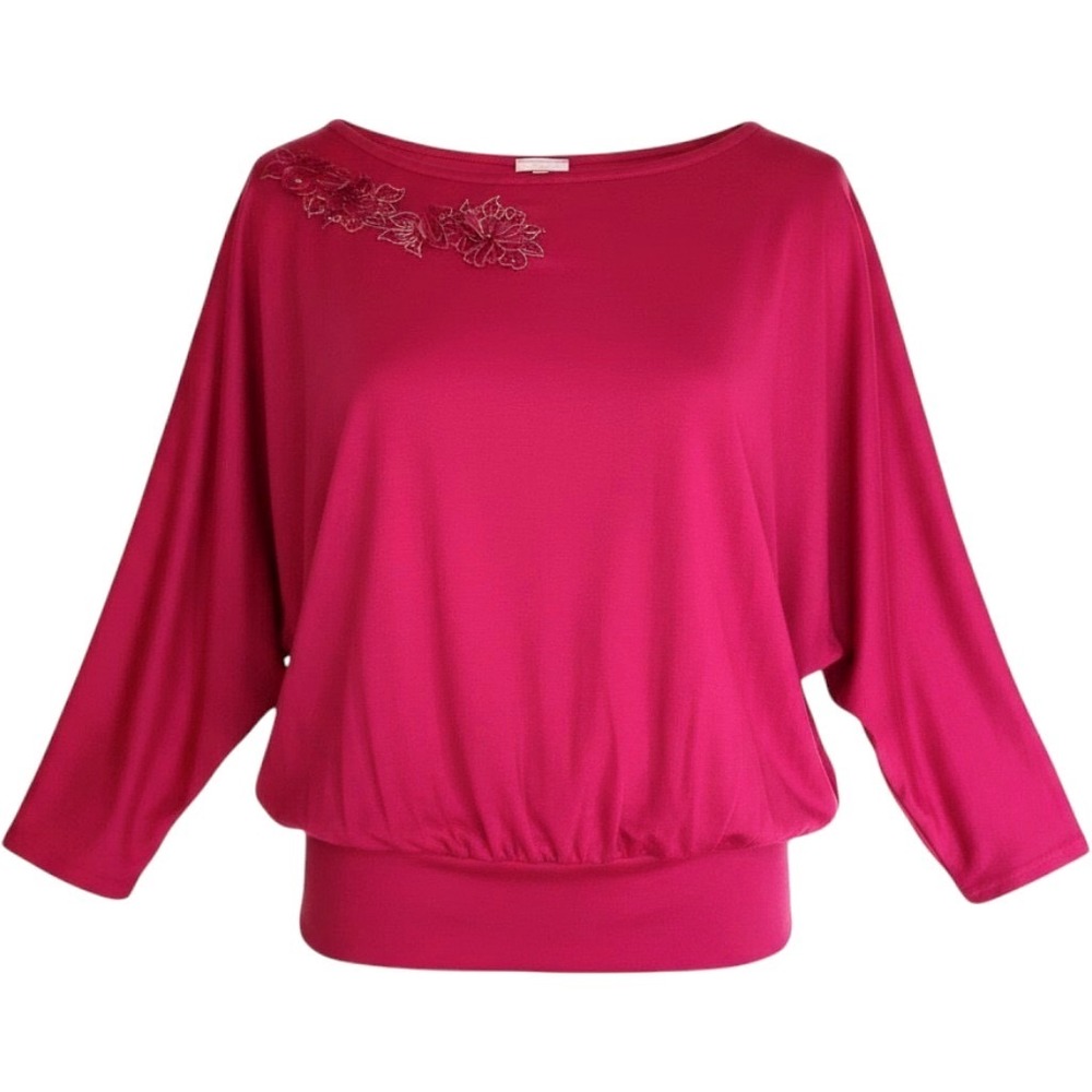VTG 3D Beaded Flower Dolman Top Womens M Wide Boat Neck Waistband Bratzcore Y2k